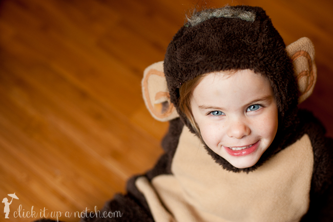 A child wearing a costume smiling up at the camera.