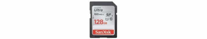 Small gray rectangle plastic card Sandisk SD card 128GB best gifts for photographers.