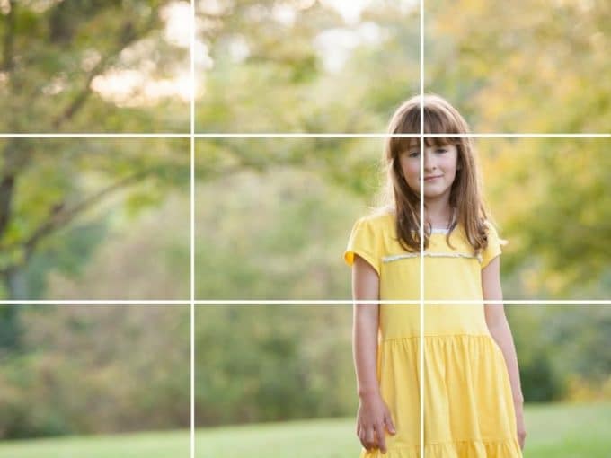 child in a yellow dress with a rule of thirds grid across the photo showing beginner photography tips for moms tip of using rule of thirds. 