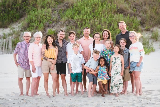 Large group photo of family on a beach