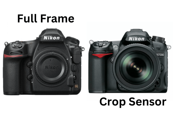 Image of two Nikon cameras comapring the size of a full frame vs crop sensor camera